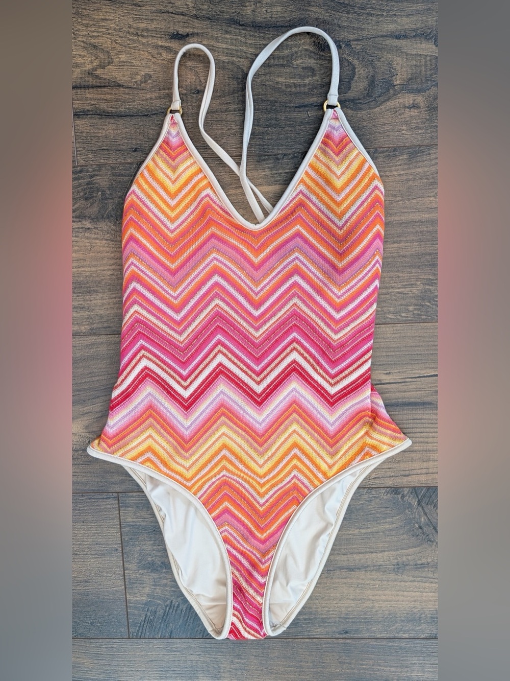 PQ Swim Women’s Margot One Piece Chevron Pink Orange Metallic Knit NWT Size Med